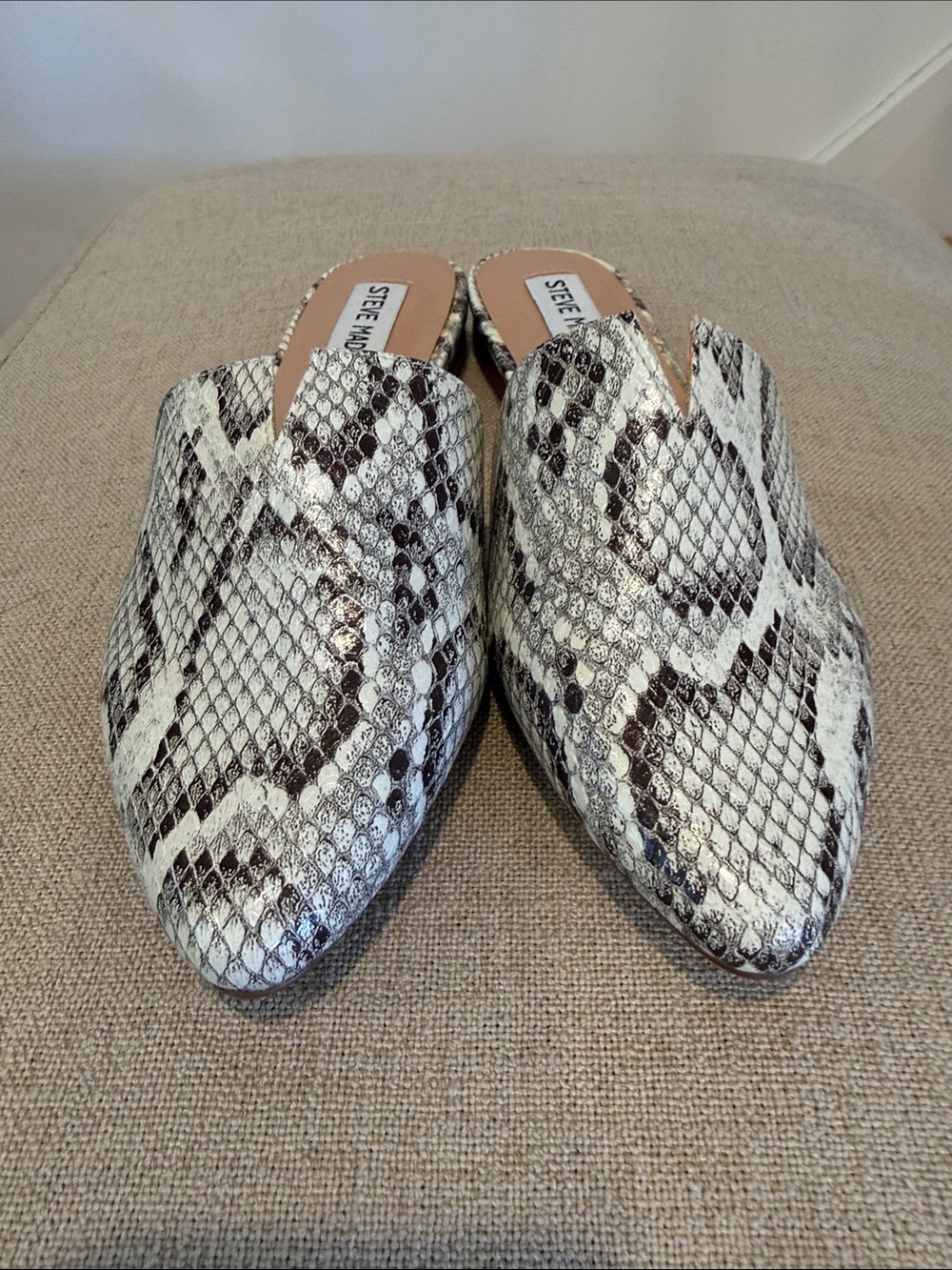 Steve Madden Alley White and Gray Snake-Print Pointed Slip-On Mules NWB size 6